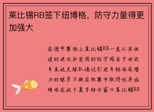 莱比锡RB签下纽博格，防守力量得更加强大