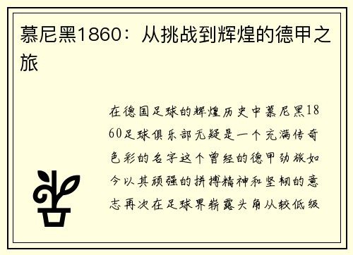 慕尼黑1860：从挑战到辉煌的德甲之旅