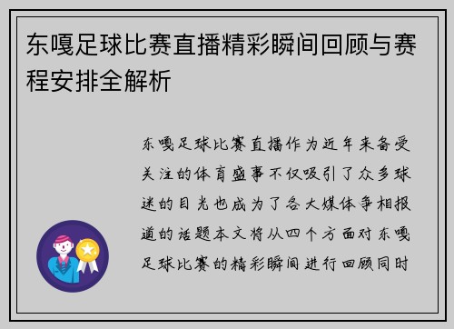 东嘎足球比赛直播精彩瞬间回顾与赛程安排全解析